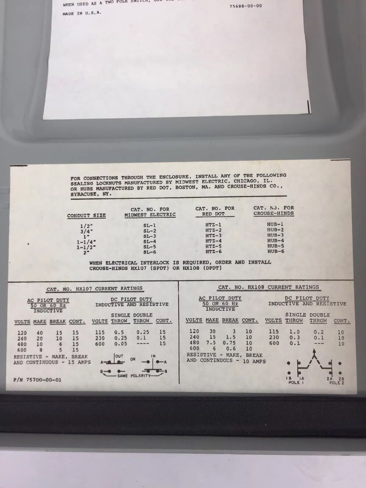 CROUSE-HINDS HU361AJ SAFETY SWITCH 30 AMPS 600 VAC 3 POLE NO NEUTRAL NO FUSES