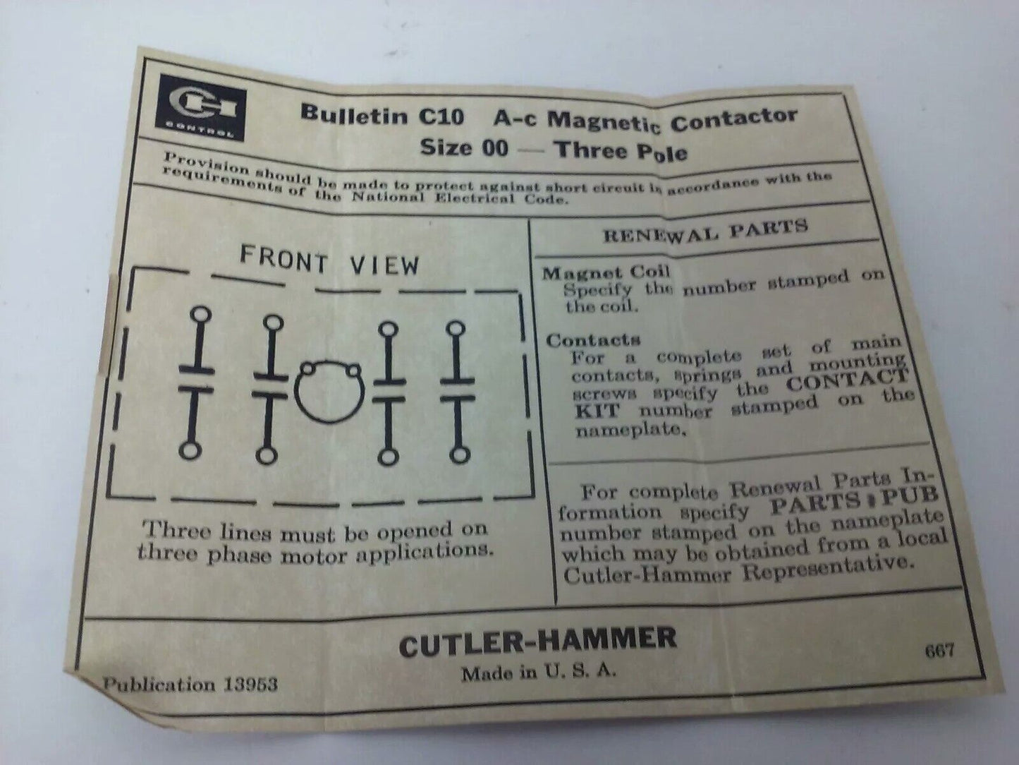 CUTLER HAMMER C10AN3A MAGNETIC CONTACTOR W/O INTERLOCK, 120V 60HZ COIL, C10AN3