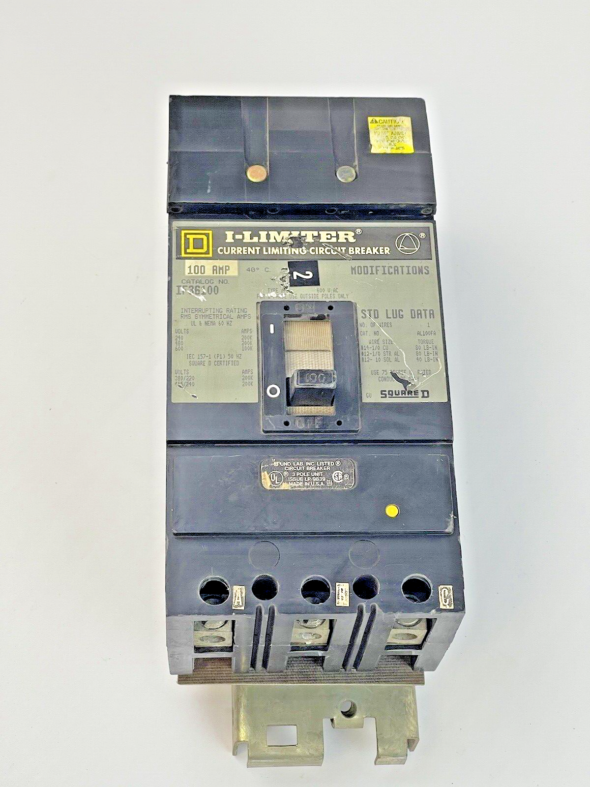 SQUARE D - IF36100 -I LIMITER BOLT-ON CIRCUIT BREAKER - 100 AMP, 3 POLE, 600 VAC