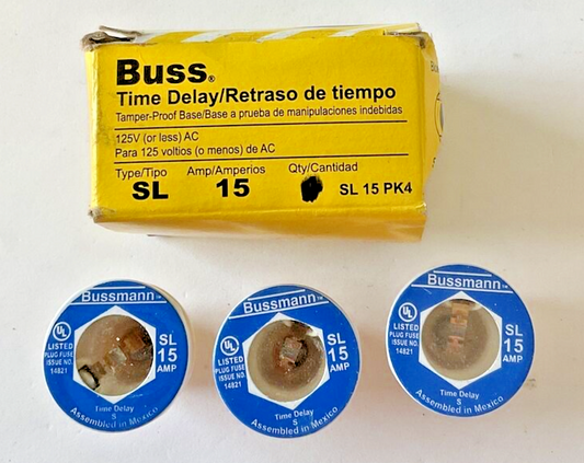 BUSSMANN SL-15 TIME DELAY FUSE 15A 125VAC***BOX OF 3 ***