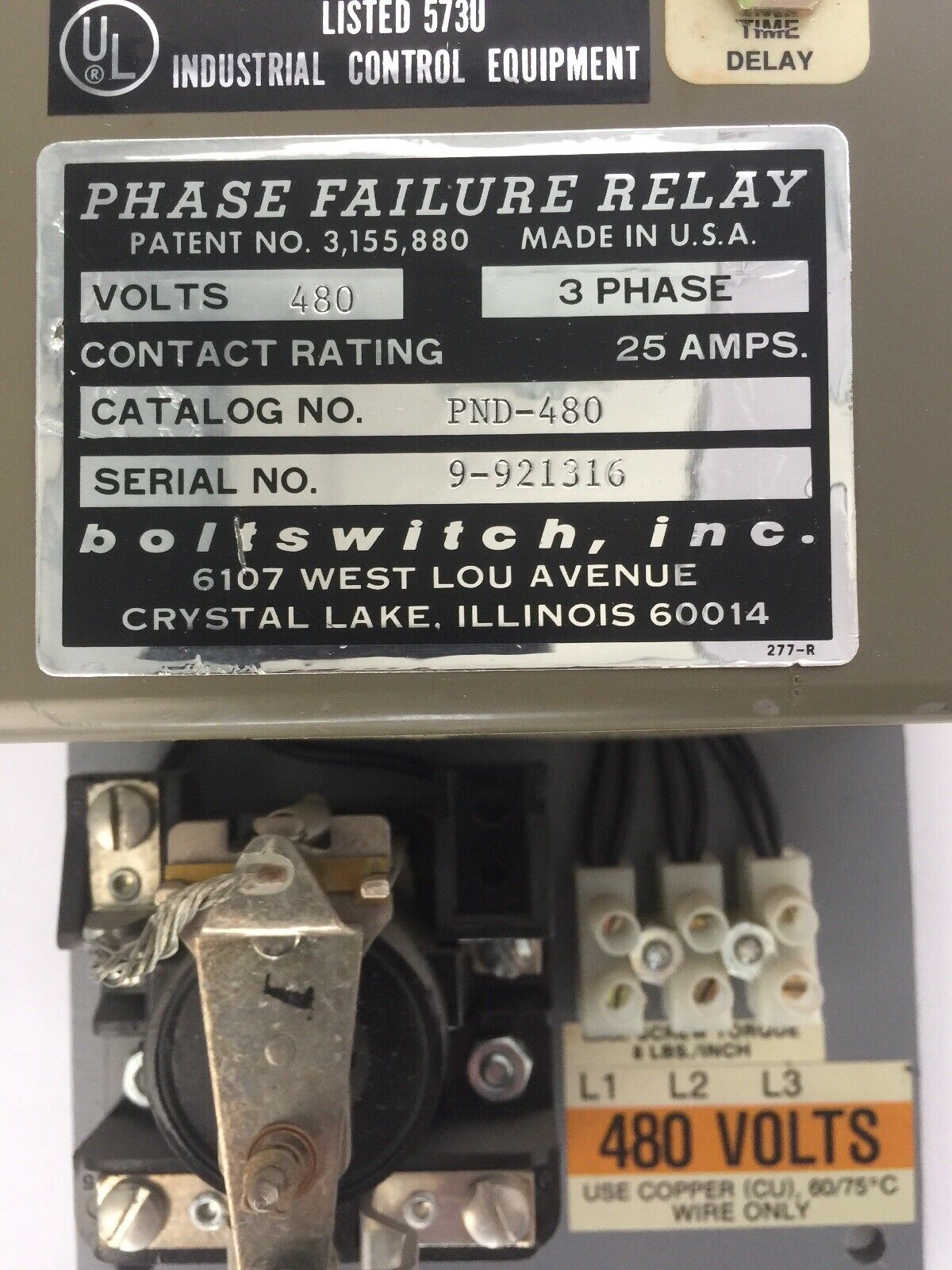 INDUSTRIAL CONTROL EQUIPMENT PND-480 FHASE FAILURE RELAY 480 VOLT 3 PH 25 AMP