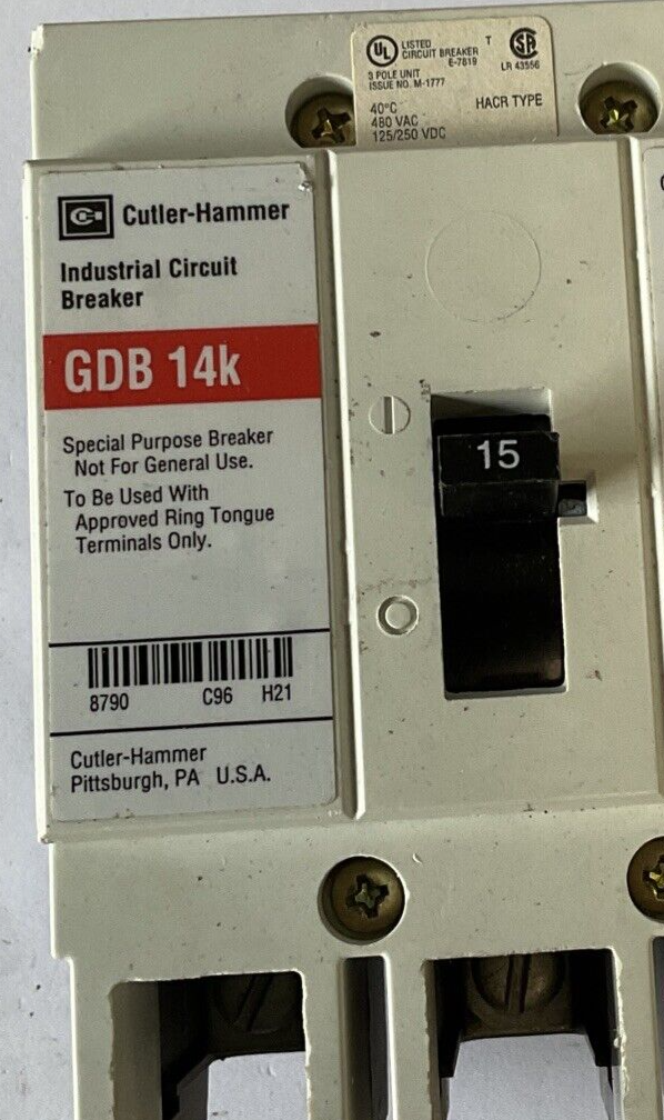 WESTINGHOUSE GDB 14K CIRCUIT BREAKER 15A 480VAC 3POLE 50/60HZ GDB3015