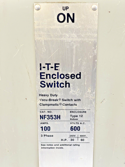 ITE / SIEMENS - NF353H / NF353H-CH - ENCLOSED SWITCH - 100 A, 600 VAC, TYPE 12