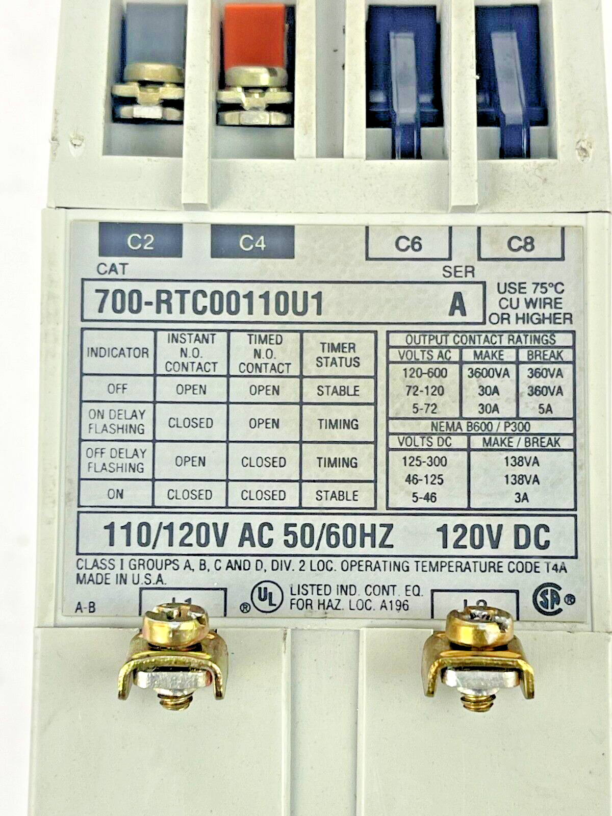 ALLEN BRADLEY - 700-RTC00110U1 SER. A - SOLID STATE TIMER RELAY - 110/120 VAC