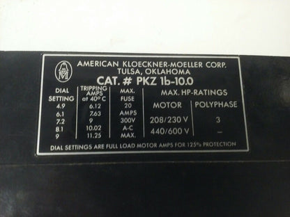AMERICAN KLOECKNER MOELLER PKZ 1b-10.0 START STOP PUSH BUTTON SWITCH PKZ1B-10.0