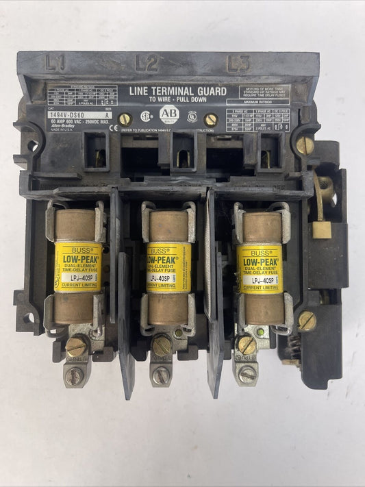 ALLEN BRADLEY 1494V-DS60 DISCONNECT SWITCH 60A 600VAC 250VDC 50HP LPJ-40SP FUSES