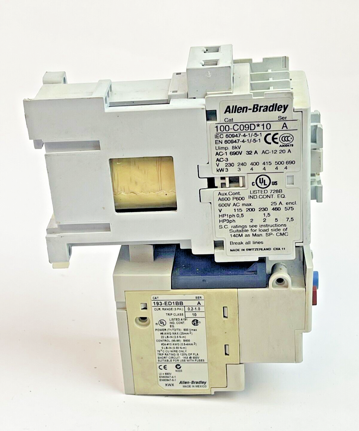 ALLEN-BRADLEY 100-C09D*10 SER. A CONTACTOR W 24VDC COIL & 193-ED1BB RLY SER. A