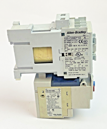 ALLEN-BRADLEY 100-C09D*10 SER. A CONTACTOR W 24VDC COIL & 193-ED1BB RLY SER. A