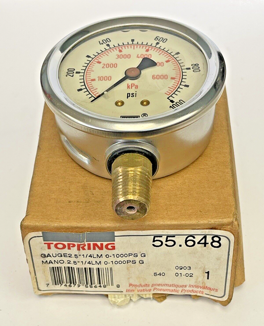 TOPRING - 55.648 - PRESSURE GAUGE - 2.5" DIAMETER, 1/4" LM, 0-1000 PSI