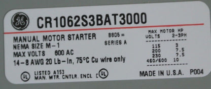GE CR1062S3BAT3000 - MANUAL MOTOR STARTER, TOGGLE 3-P NO OVERLOAD - NEW SURPLUS