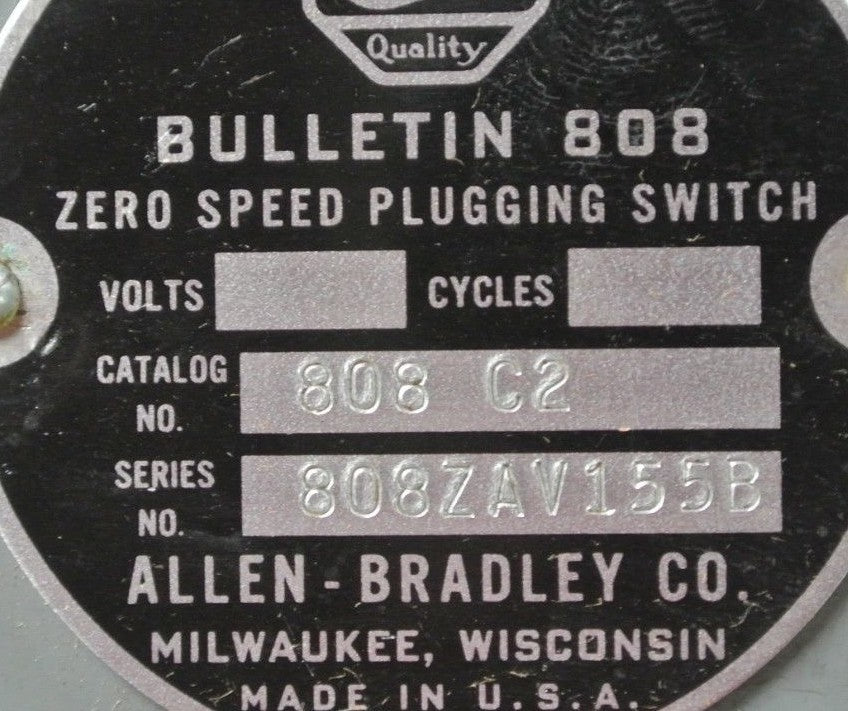 ALLEN-BRADLEY 808C2 ZERO SPEED PLUGGING SWITCH 50-200RPM -  NEW SURPLUS