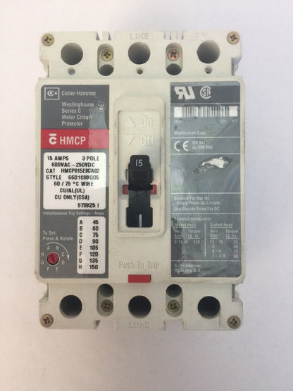 CUTLER HAMMER HMCP015E0CA02 15AMP 600VAC 250VDC MOTOR CIRCUIT PROTECTOR SERIES C