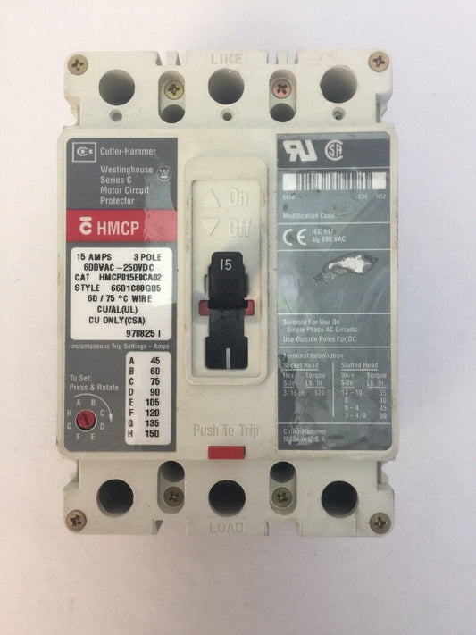 CUTLER HAMMER HMCP015E0CA02 15AMP 600VAC 250VDC MOTOR CIRCUIT PROTECTOR SERIES C