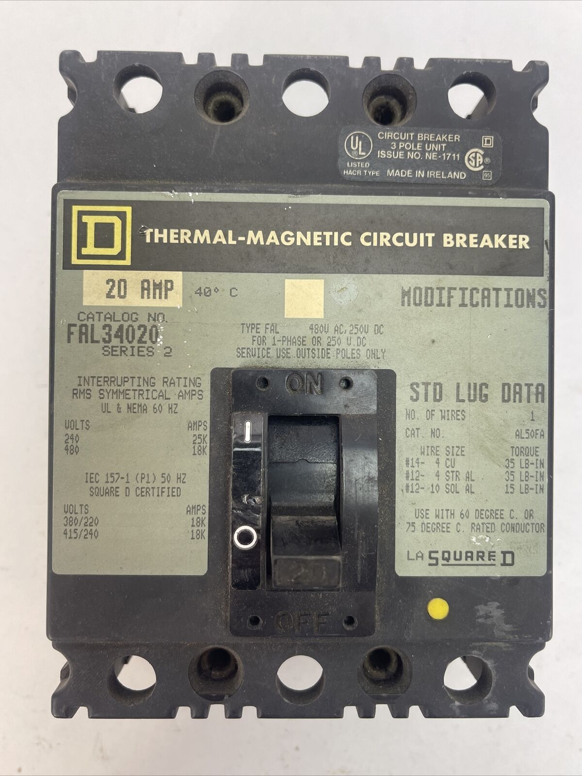 SQUARE D FAL34020 THERMAL-MAGNETIC CIRCUIT BREAKER 20AMP 480VAC 250VDC 3P SER 2