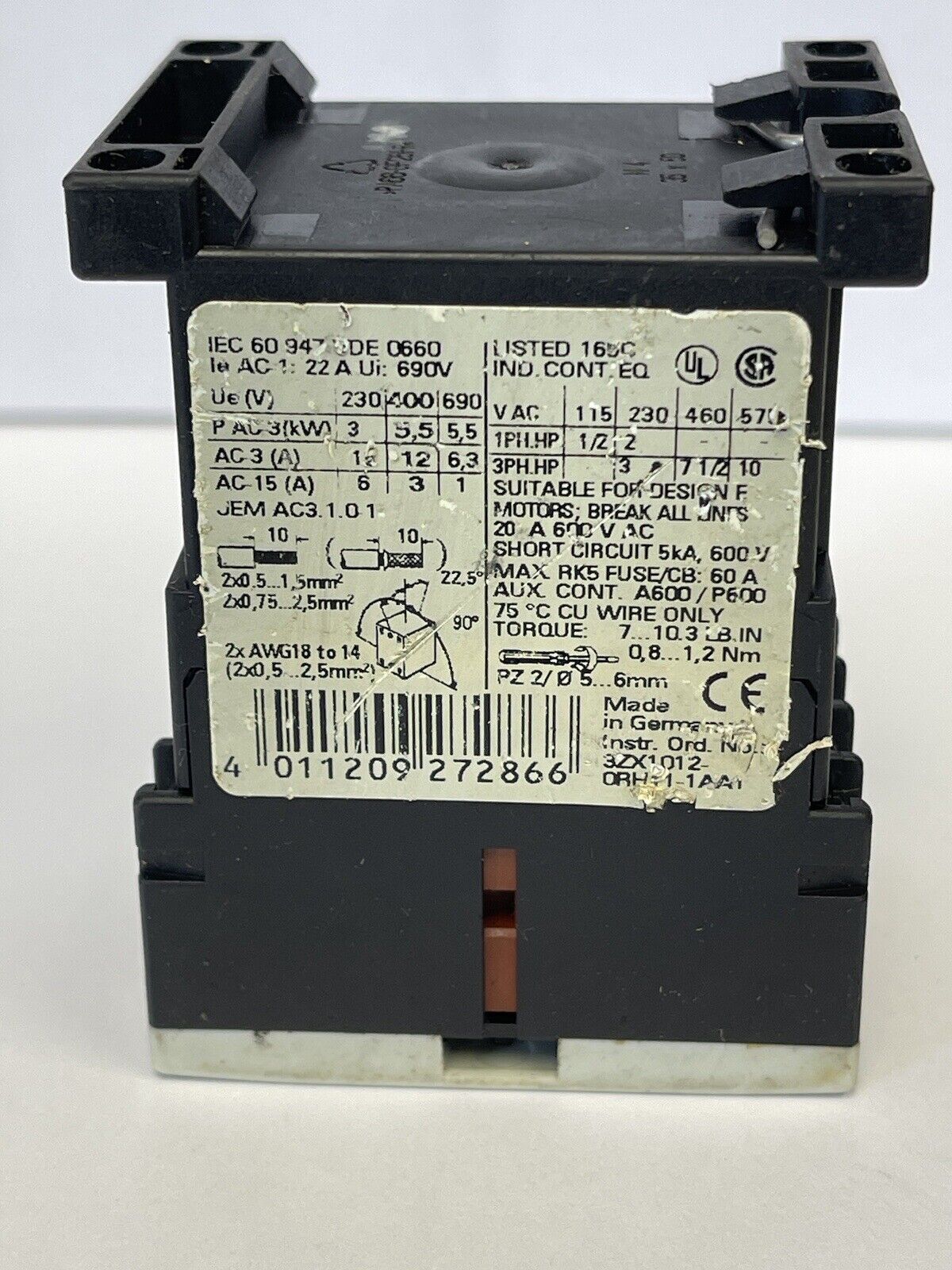 SIEMENS - 3RT1017-1BB41 - CONTACTOR - AC-3 12 A, 5.5 kW / 400 V 1 NO, 24 V DC 3P