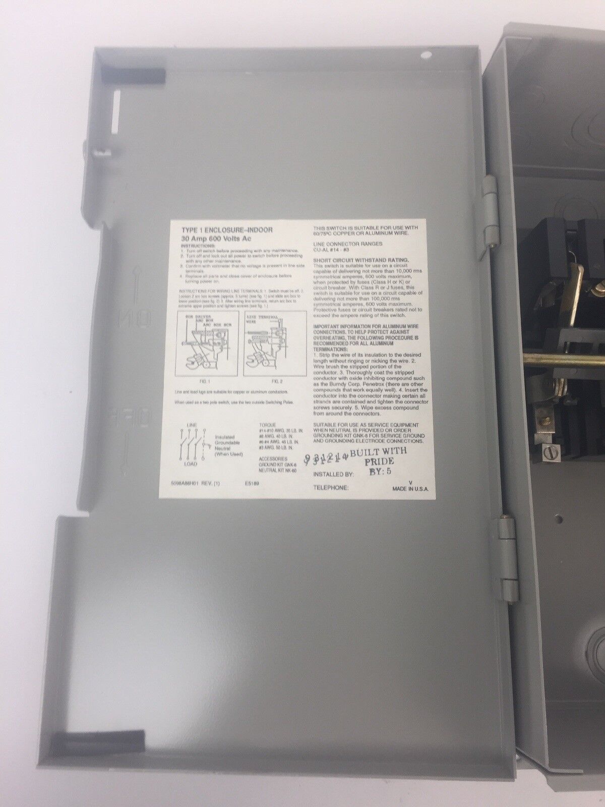 CHALLENGER HD361NFC HD SAFETY SWITCH 600V 30AMP 20HP 3 POLE NON FUSIBLE TYPE 1