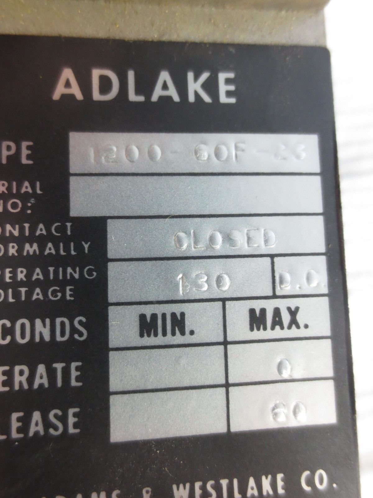 ADAMS & WESTLAKE / ADLAKE 1200-60P-23 TIMING RELAY - 130VDC, N.C. - NEW SURPLUS