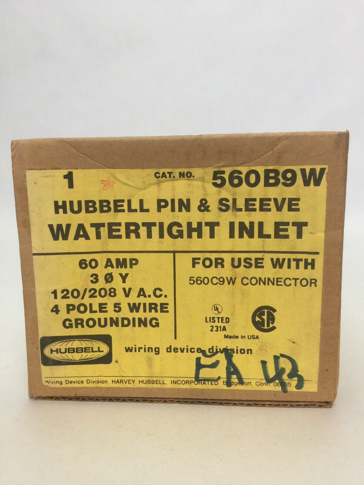 HUBBELL 560B9W PIN & SLEEVE WATERTIGHT INLET 60A 120/208VAC 4 POLE 5 WIRE GROUND