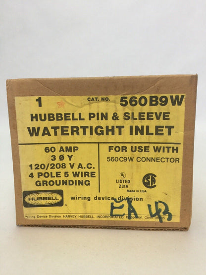 HUBBELL 560B9W PIN & SLEEVE WATERTIGHT INLET 60A 120/208VAC 4 POLE 5 WIRE GROUND