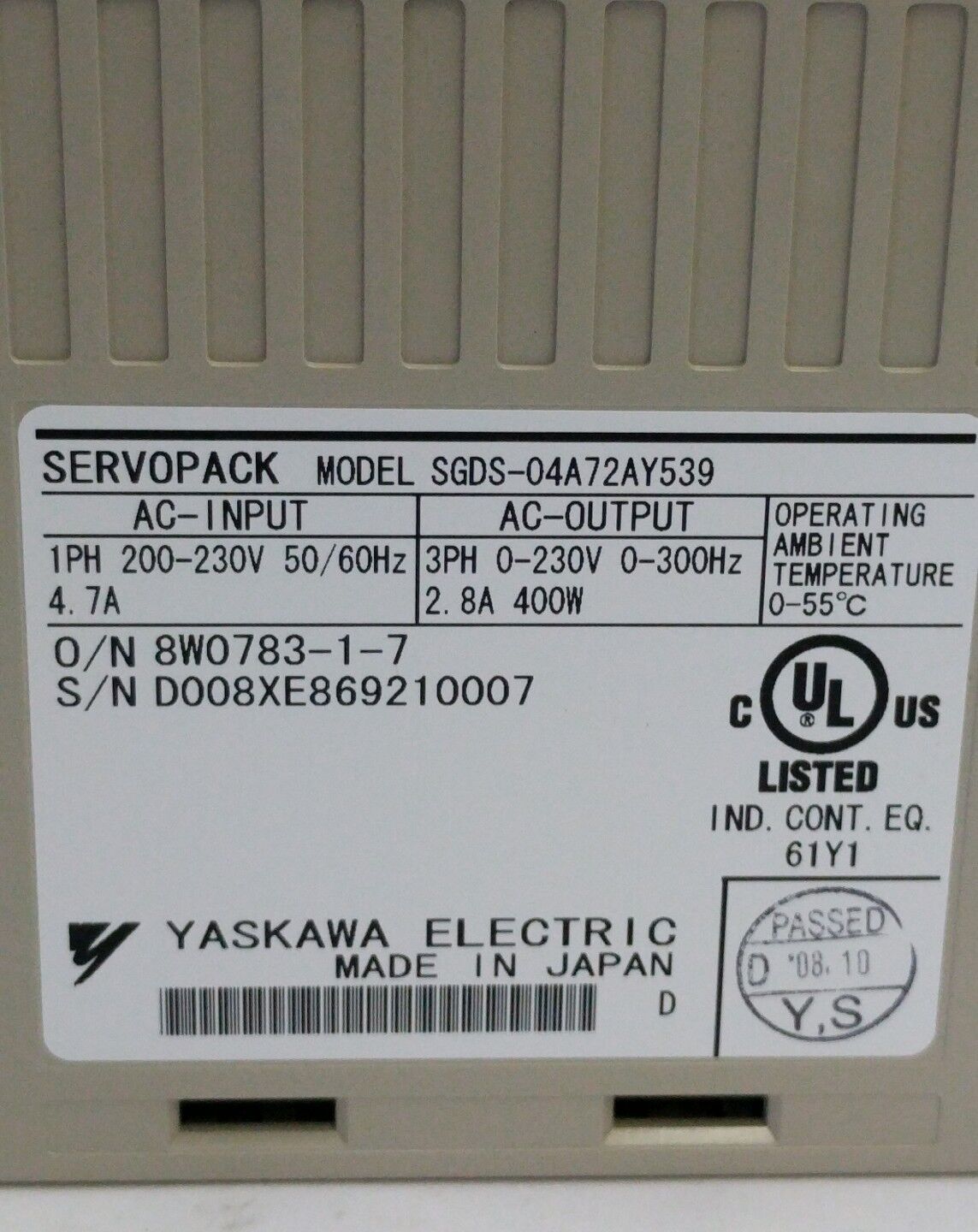 Yaskawa SGDS-04A72AY539 Servopack 400W Servo Controller