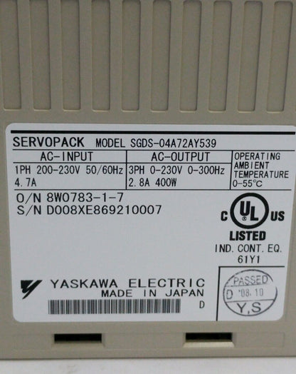 Yaskawa SGDS-04A72AY539 Servopack 400W Servo Controller