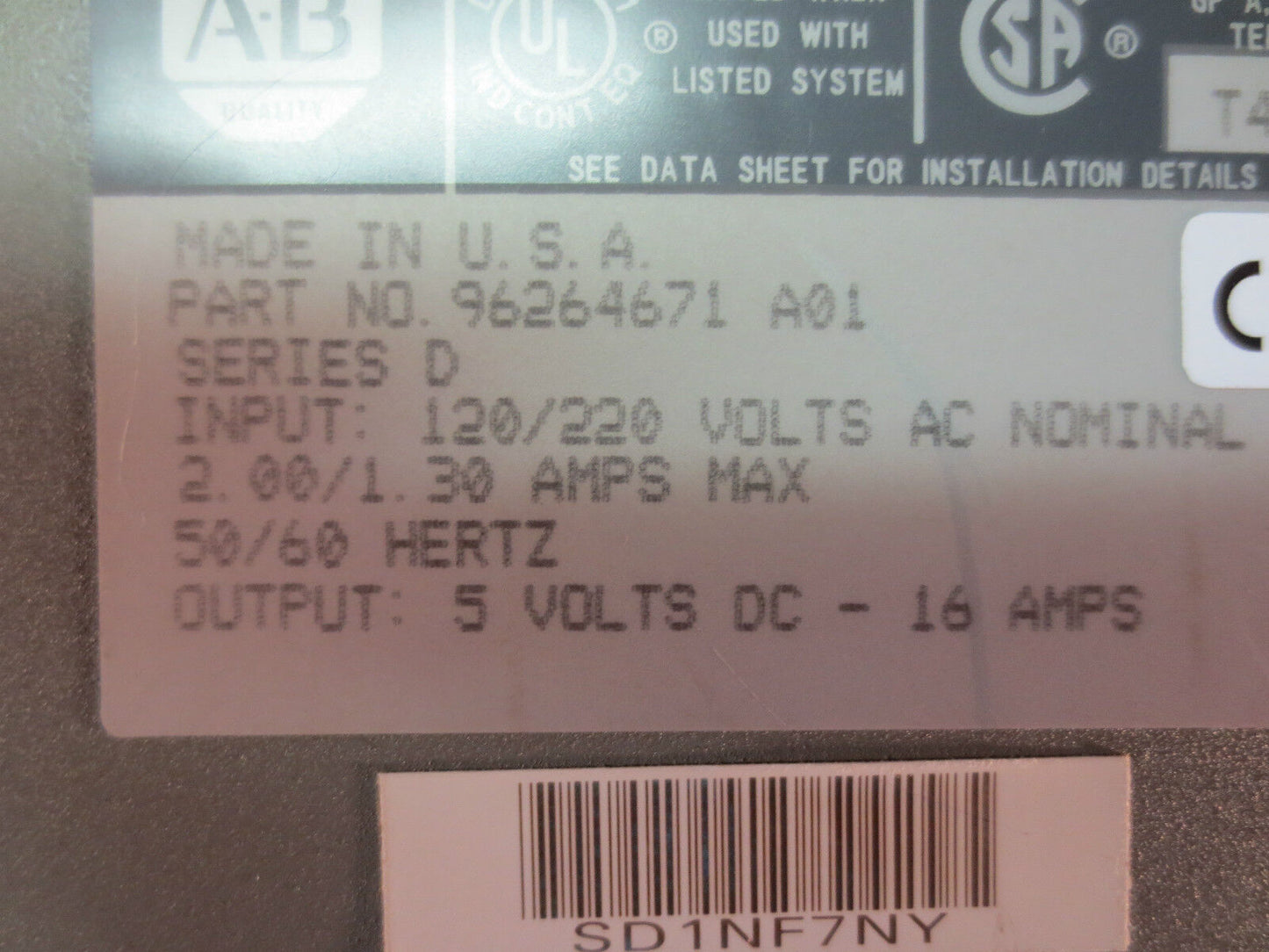 ALLEN-BRADLEY 1771-P7 D, 120/220V AC POWER SUPPLY, Ser. D