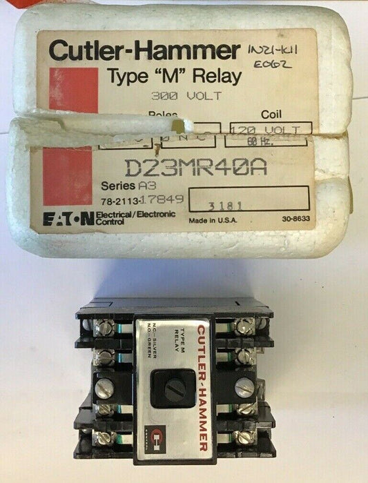 CUTLER HAMMER D23MR40A TYPE "M" RELAY SERIES A3  4N.O.-0N.C.