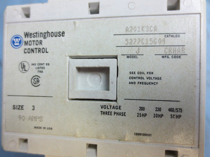 WESTINGHOUSE A201K3CA MOTOR CONTROL - SIZE 3 - MODEL J - 90A - 3-PH 5277C15G04