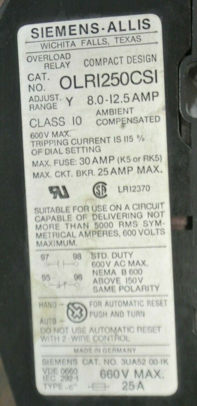 SIEMENS -ALLIS OLR1250CS1 OVERLOAD RELAY 8.0-12.5A