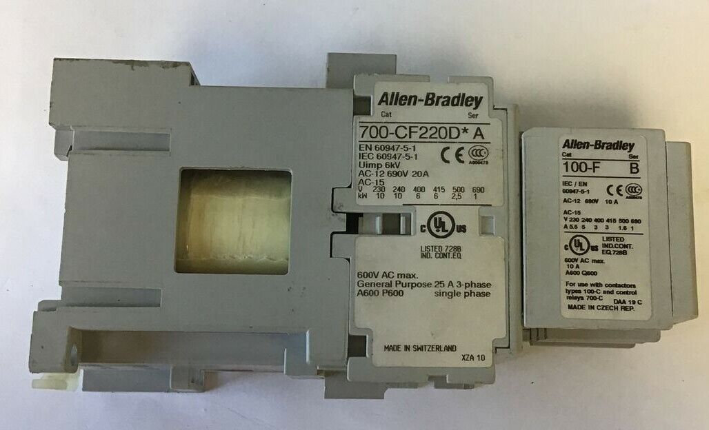 ALLEN BRADLEY 700-CF220D* SER.A CONTACTOR W/ 100-F SER.B 600VAC 25A 3PHASE