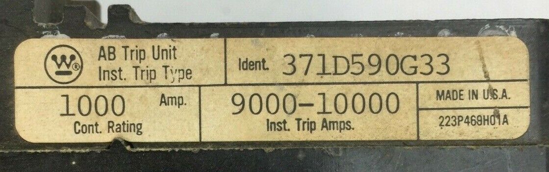 WESTINGHOUSE 371D590G33 AB TRIP UNIT 1000AMP INST TRIP 9000-10000AMP 3POLE