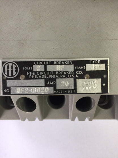 ITE SIEMENS HF2-B020 CIRCUIT BREAKER 600VAC 250VDC 20AMP 2POLE