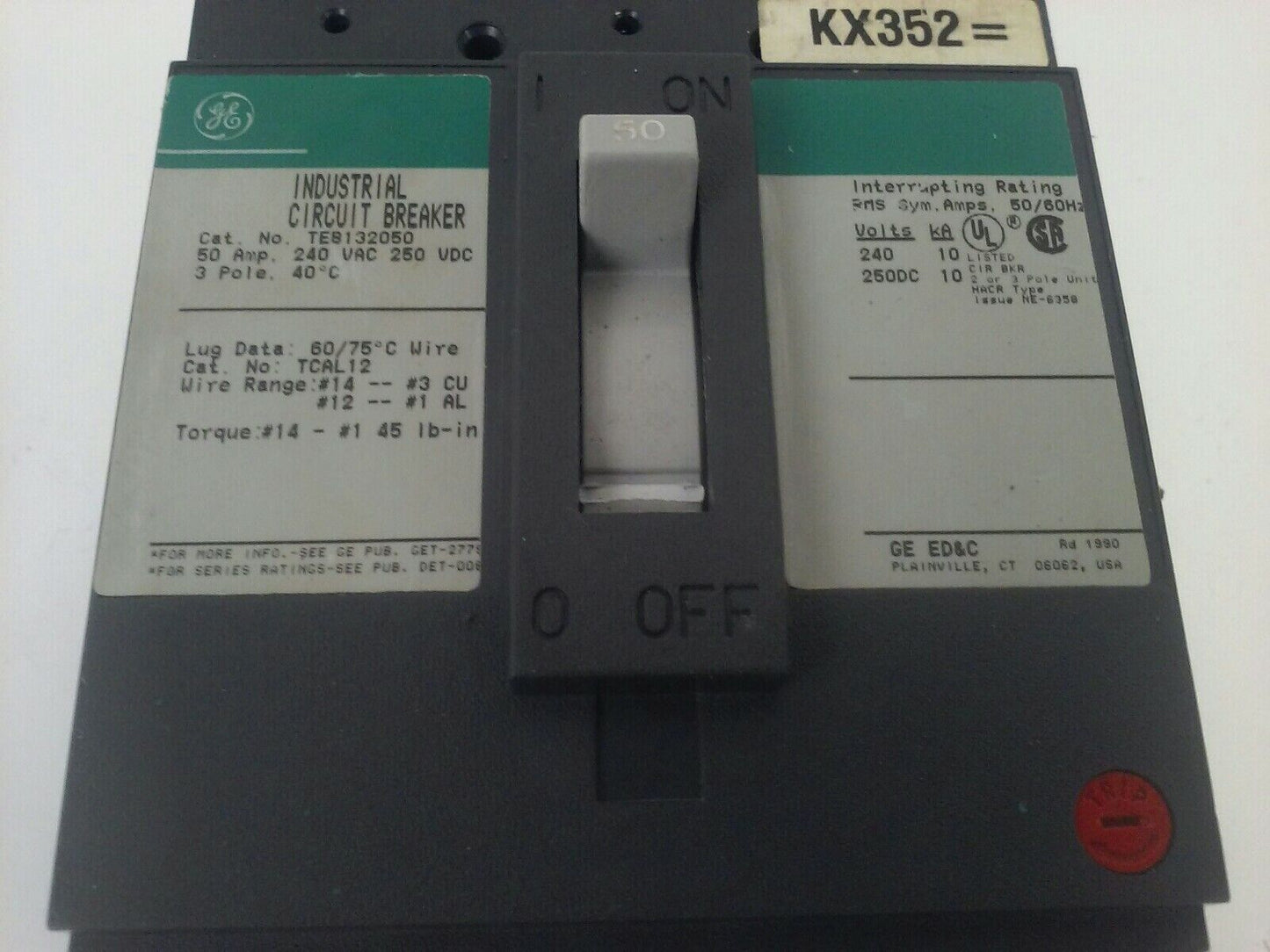 GENERAL ELECTRIC TEB132050 CIRCUIT BREAKER TRIP UNIT 3P 240V 50A 10Ka GREEN TAG