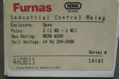 FURNAS 46DB11 CONTROL RELAY / 200-208V, 60Hz COIL / 1 N.O., 1 N.C. / NEW SURPLUS