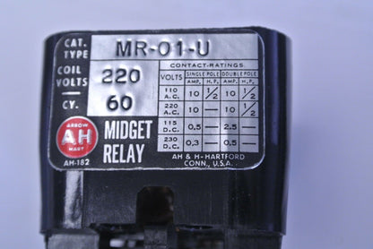 ARROW HART MR-01-U MIDGET RELAY - 220V COIL, 60Hz, 1-POLE -NEW SURPLUS