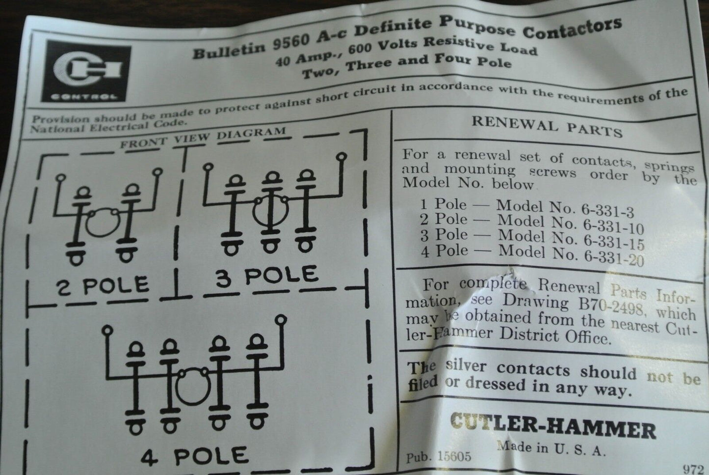 CUTLER-HAMMER 9560H1409-49 DEF PURPOSE CONTACTOR 40A 104/120V COIL 9560H1409B