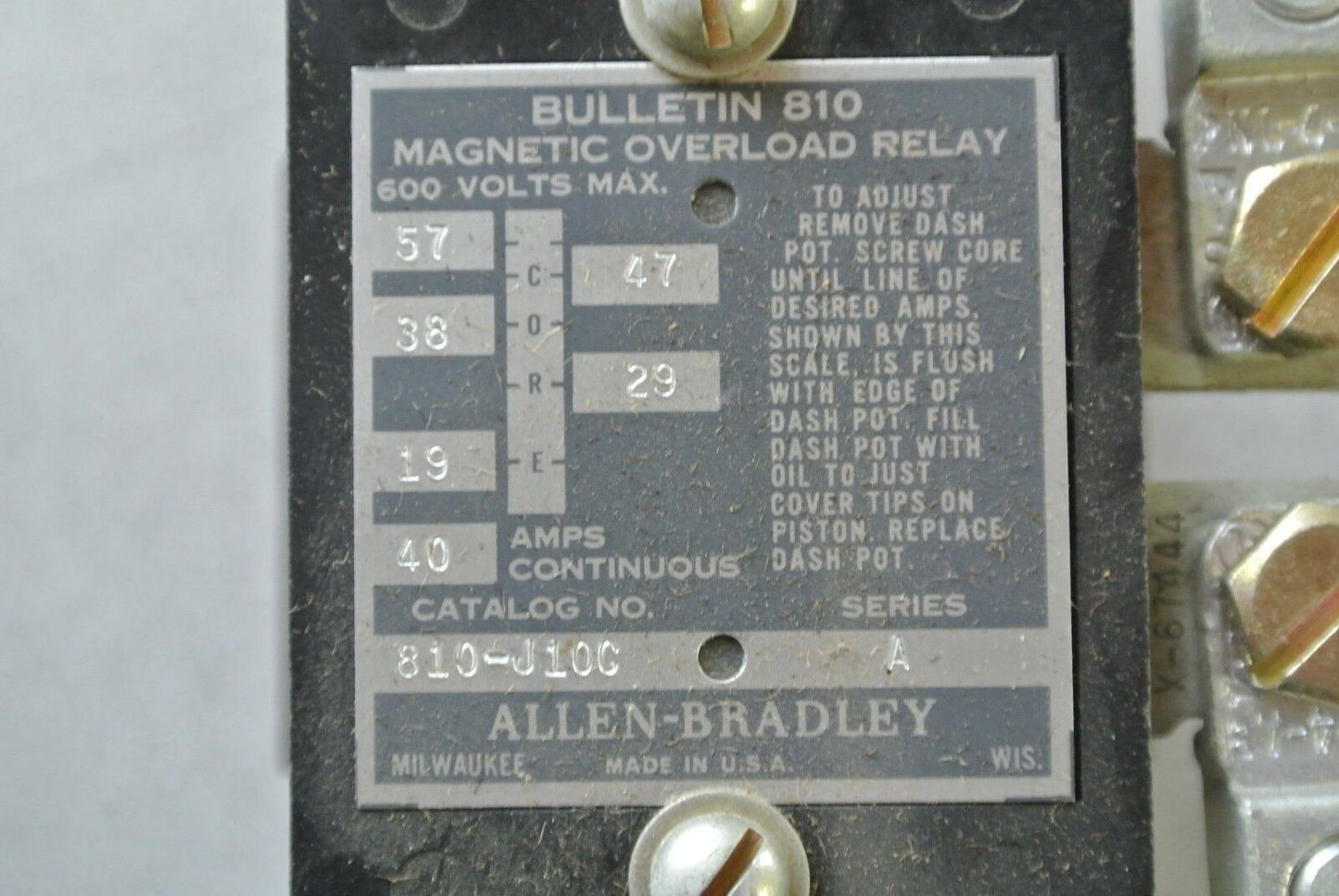 ALLEN-BRADLEY 810-J10C MAGNETIC OVERLOAD RELAY - 40A CONT. - 600V - NEW SURPLUS