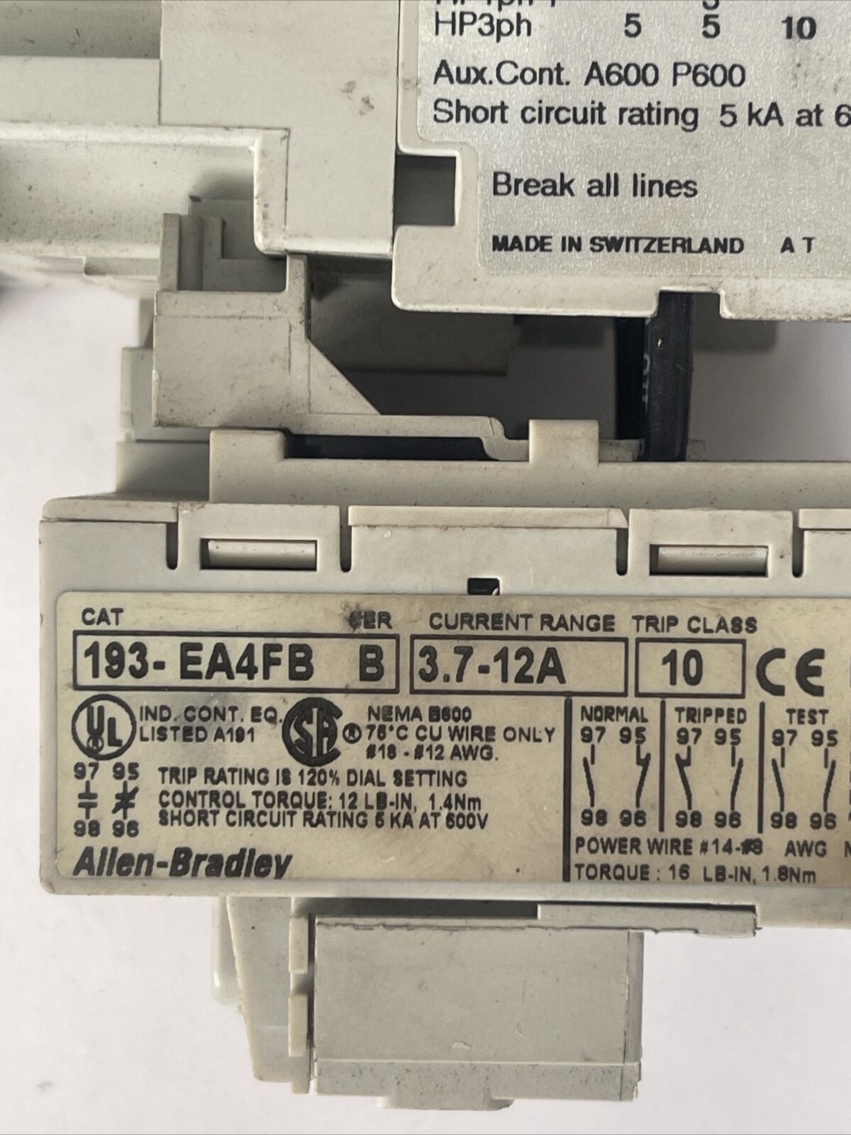 ALLEN BRADLEY STARTER (100-C16*10 CONTACTOR SER B 600VAC 30A 15HP 193-EA4FB)