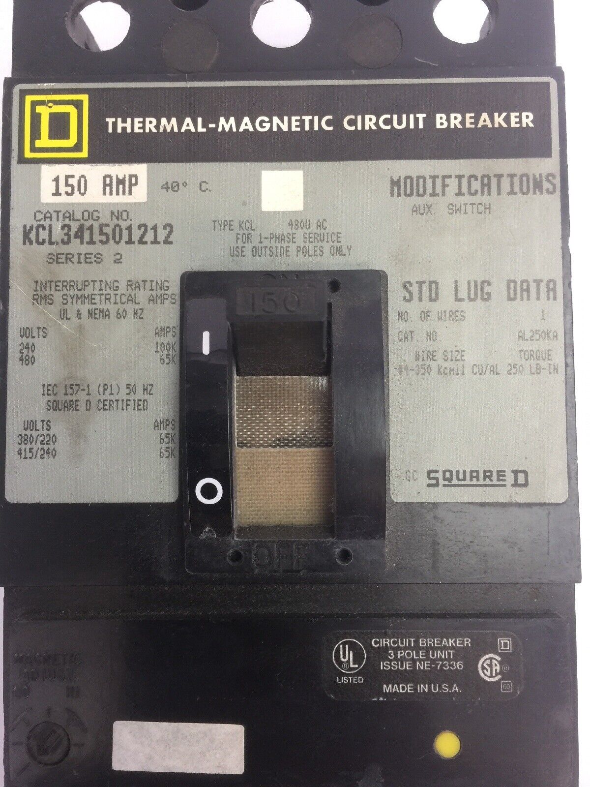 SQUARE D KCL341501212 THERMAL-MAGNETIC CIRCUIT BREAKER 480VAC 150A 3 POLE SER 2