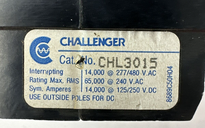CHALLENGER CHL3015 15AMP 277/480VAC 240VAC 125/250VDC 3POLE CIRCUIT BREAKER