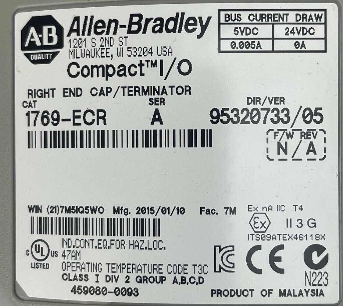 ALLEN BRADLEY 1769-ECR COMPACT I/O SER A RIGHT END CAP / TERMINATOR F/W REV N/A