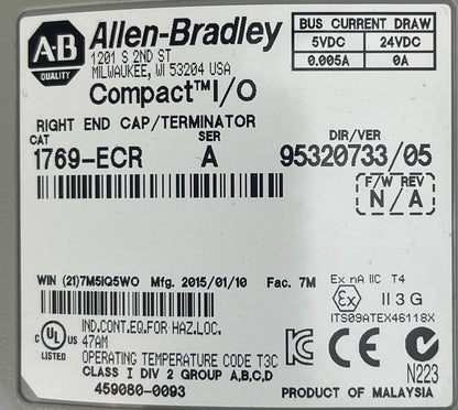 ALLEN BRADLEY 1769-ECR COMPACT I/O SER A RIGHT END CAP / TERMINATOR F/W REV N/A