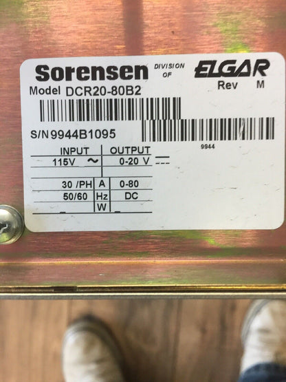 SORENSEN DCR 20-80B2 POWER SUPPLY INPUT 115VAC 30A/PH 50/60HZ OUTPUT 0-20VDC