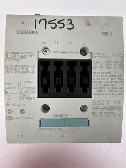 SIEMENS 3RT1055-6AF36 CONTACTOR 575VAC 3PH 150HP COIL 110-127VDC 50-60HZ