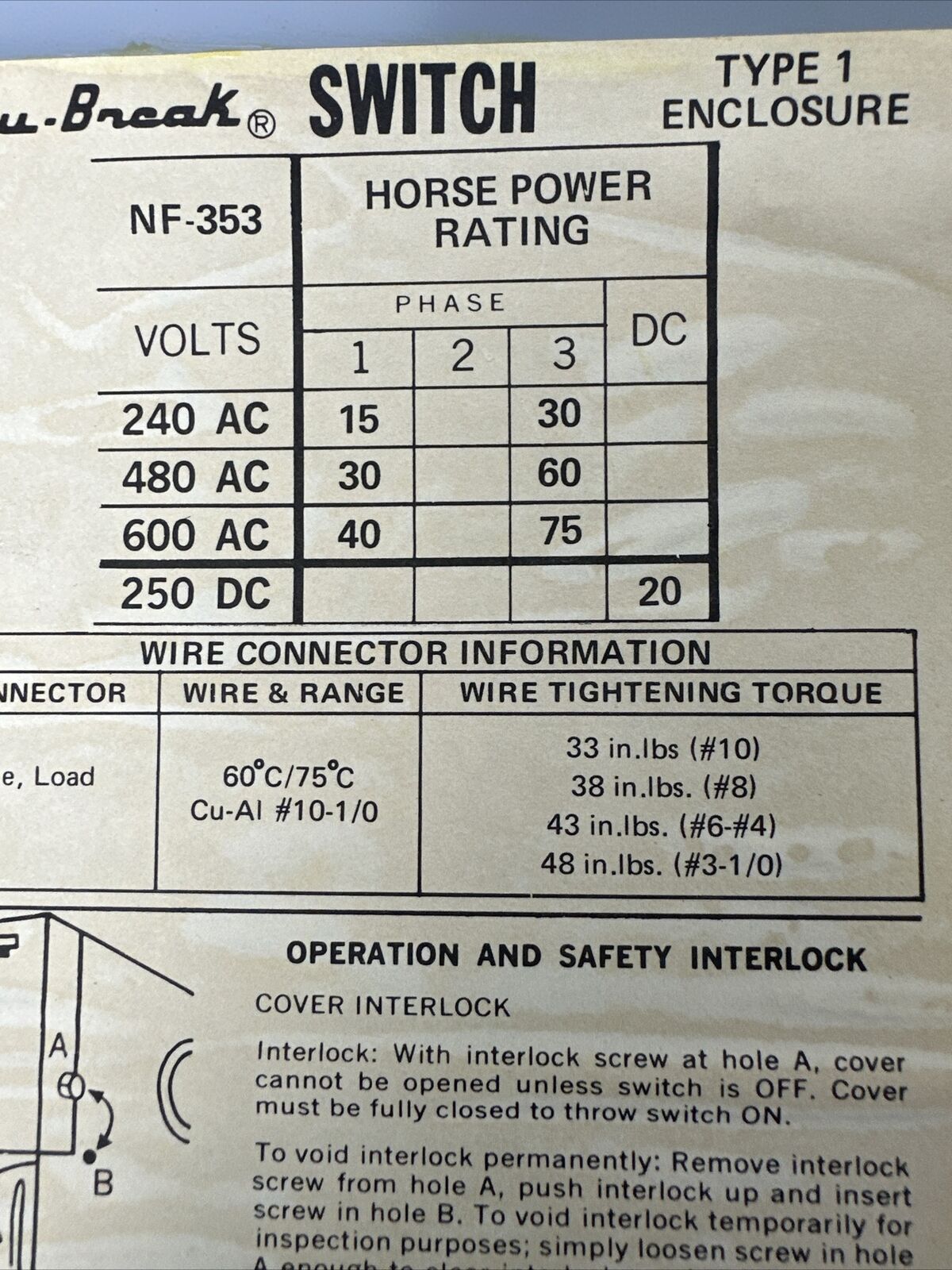 GOULD ITE NF353 VACU-BREAK SWITCH W/CLAMPMATICS CONTACTS 600VAC 100AMP 75HP 3PH