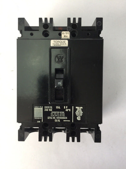 WESTINGHOUSE EB3015L CIRCUIT BREAKER 15AMP 240VAC 3POLE 4994D88G34