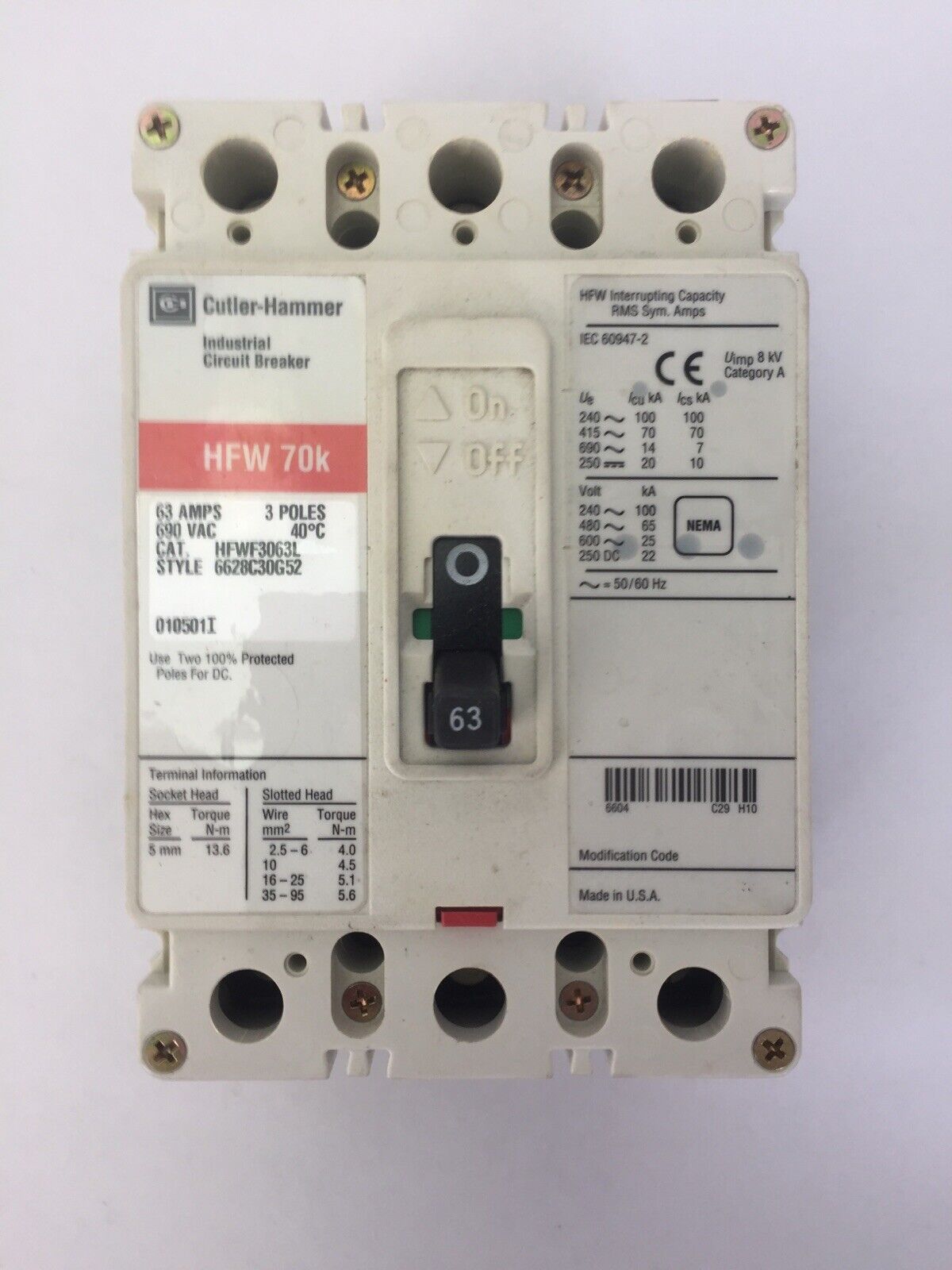 CUTLER HAMMER HFWF3063L INDUSTRIAL CIRCUIT BREAKER 63AMP 690VAC 3POLE