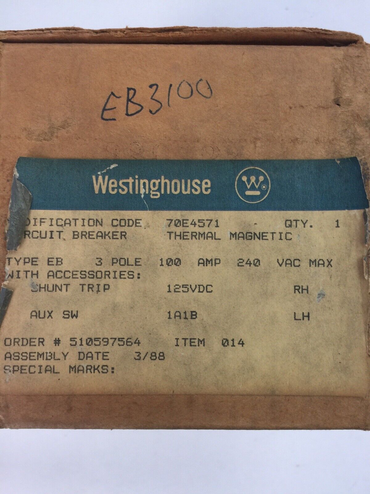 WESTINGHOUSE EB3100 CIRCUIT BREAKER 100AMP 3POLE 240VAC 2609D39G24 4979D06G03