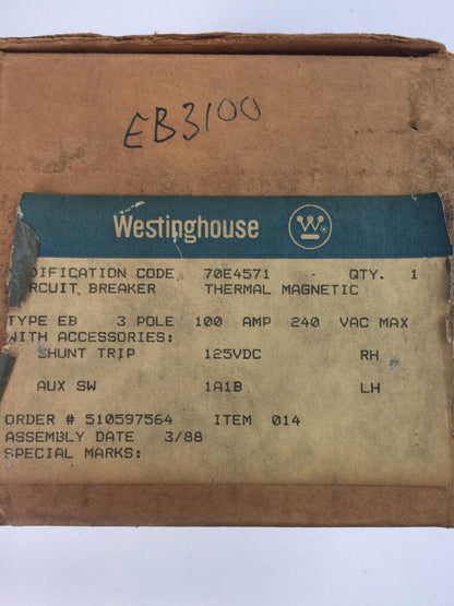 WESTINGHOUSE EB3100 CIRCUIT BREAKER 100AMP 3POLE 240VAC 2609D39G24 4979D06G03