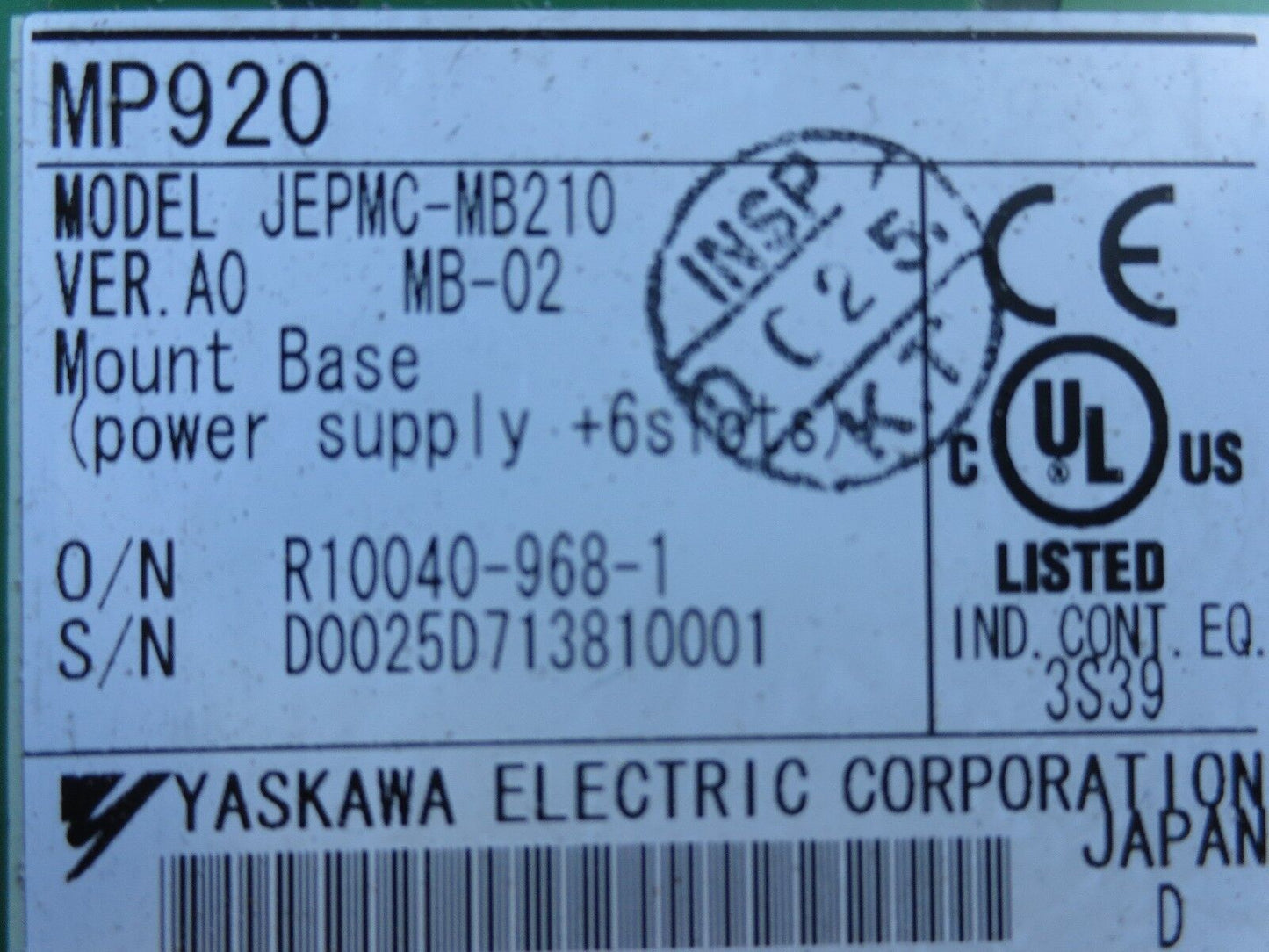 YASKAWA MP920 JAPMC-MB210 Rev. A JEPMC-MB210 6-SLOT MOUNT BASE / BACKPLANE MB-02